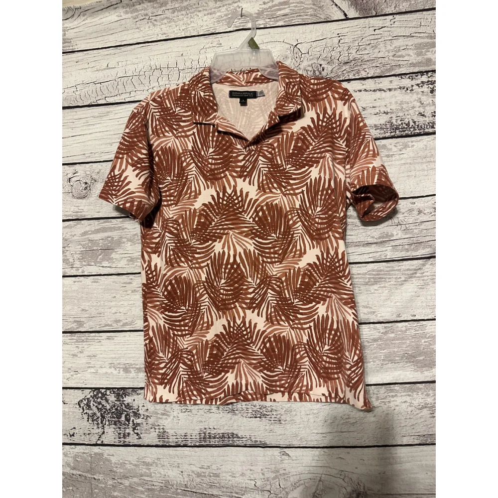 Men’s Banana Republic Brown Palm Leaf Print Performance Polo Shirt Size Small